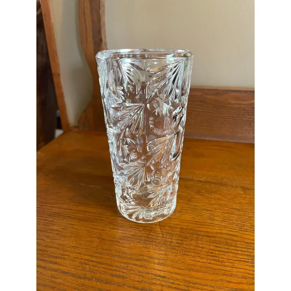 Vintage MCM Czech Republic Clear Cut Pressed Glass Cylander Vase 6 7/8”